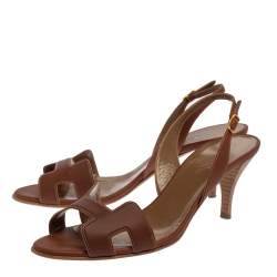 Pre Owned Hermes Brown Leather Night Slingback Sandals Size 39.5