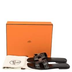 مملوكة مسبقًا حذاء هيرمس فلات أوران مرصع جلد أسود مقاس 388