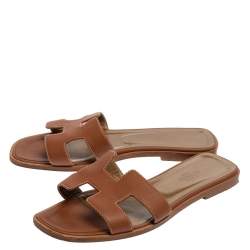 Pre Owned Hermes Brown Leather Slip On Oran Sandals Size 37