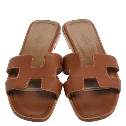 Pre Owned Hermes Brown Leather Slip On Oran Sandals Size 37