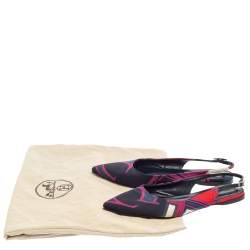 Pre Owned Hermes Navy Blue Printed Silk Laura Slingback Flat Sandals Size 37