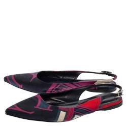 Pre Owned Hermes Navy Blue Printed Silk Laura Slingback Flat Sandals Size 37