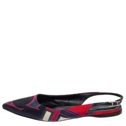 Pre Owned Hermes Navy Blue Printed Silk Laura Slingback Flat Sandals Size 37