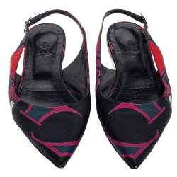 Pre Owned Hermes Navy Blue Printed Silk Laura Slingback Flat Sandals Size 37