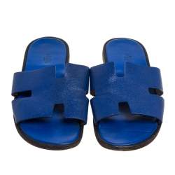 Pre Owned Hermes Blue Leather Izmir Slide Sandals Size 43