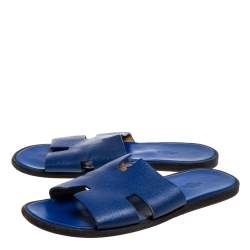 Pre Owned Hermes Blue Leather Izmir Slide Sandals Size 43