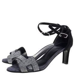 Pre Owned Hermes Black Shimmery Suede Night Sandals Size 36