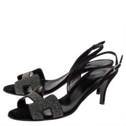 Pre Owned Hermes Black Suede And Glitter Night Slingback Sandals Size 37.5