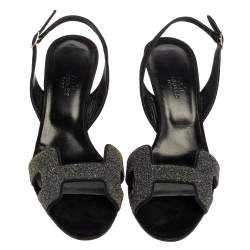 Pre Owned Hermes Black Suede And Glitter Night Slingback Sandals Size 37.5
