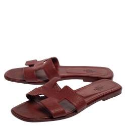 Pre Owned Hermes Burgundy Leather Oran Flats Size 40