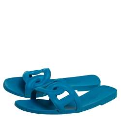 Pre Owned Hermes Blue Rubber Omaha Slide Sandals Size 39
