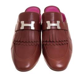 Hermes Brown Leather Tuileries Block Heel Mules Size 40.5