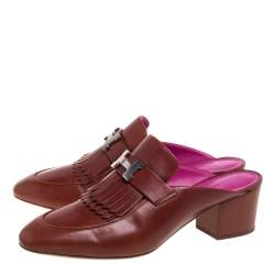 Hermes Brown Leather Tuileries Block Heel Mules Size 40.5