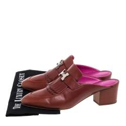 Hermes Brown Leather Tuileries Block Heel Mules Size 40.5