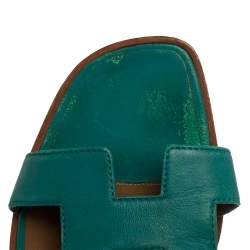 Hermes Teal Green Leather Oran Flat Slides Size 38.5