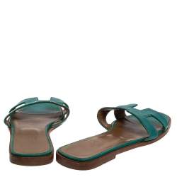 Hermes Teal Green Leather Oran Flat Slides Size 38.5