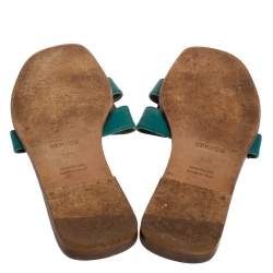 Hermes Teal Green Leather Oran Flat Slides Size 38.5