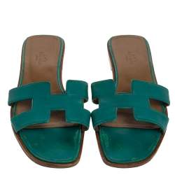 Hermes Teal Green Leather Oran Flat Slides Size 38.5