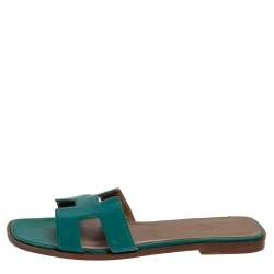 Hermes Teal Green Leather Oran Flat Slides Size 38.5
