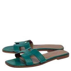 Hermes Teal Green Leather Oran Flat Slides Size 38.5