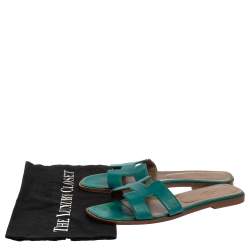 Hermes Teal Green Leather Oran Flat Slides Size 38.5