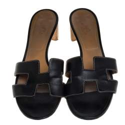 Pre Owned Hermes Black Leather Oasis Sandals Size 40.5