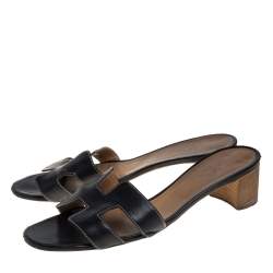 Pre Owned Hermes Black Leather Oasis Sandals Size 40.5