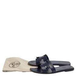 Pre Owned Hermes Blue Leather Oran Flat Sandals Size 40.5