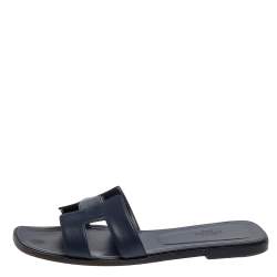 Pre Owned Hermes Blue Leather Oran Flat Sandals Size 40.5