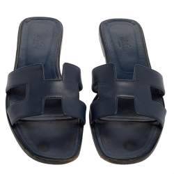 Pre Owned Hermes Blue Leather Oran Flat Sandals Size 40.5