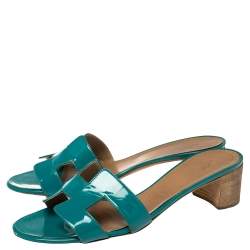 Pre Owned Hermes Blue Patent Leather Oasis Sandals Size 40