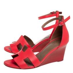Hermes Red Leather Legend Wedge Sandals Size 37