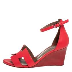 Hermes Red Leather Legend Wedge Sandals Size 37