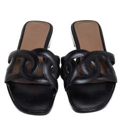 Pre Owned Hermes Black Leather Omaha Slide Sandals Size 37