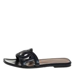 Pre Owned Hermes Black Leather Omaha Slide Sandals Size 37