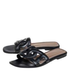 Pre Owned Hermes Black Leather Omaha Slide Sandals Size 37