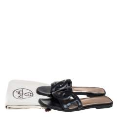 Pre Owned Hermes Black Leather Omaha Slide Sandals Size 37
