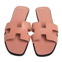 Pre Owned Hermès Beige Leather Oran Flat Slides Size 37.5