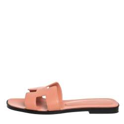 Pre Owned Hermès Beige Leather Oran Flat Slides Size 37.5