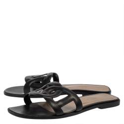 Pre Owned Hermes Black Leather Omaha Flats Size 39