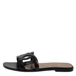 Pre Owned Hermes Black Leather Omaha Flats Size 39