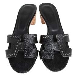 Pre Owned Hermès Black Leather Oasis Slides Sandals Size 39