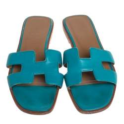 Pre Owned Hermes Blue Leather Oran Flat Sandals Size 37