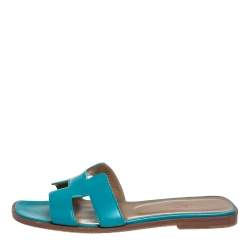 Pre Owned Hermes Blue Leather Oran Flat Sandals Size 37