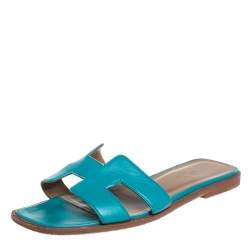 Pre Owned Hermes Blue Leather Oran Flat Sandals Size 37
