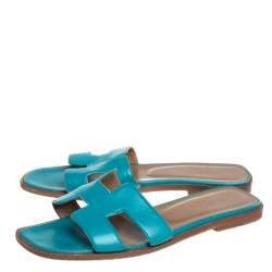 Pre Owned Hermes Blue Leather Oran Flat Sandals Size 37