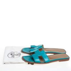 Pre Owned Hermes Blue Leather Oran Flat Sandals Size 37