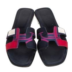 Pre Owned Hermes Multicolor Printed Canvas Oran Flat Slides Size 41