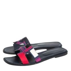 Pre Owned Hermes Multicolor Printed Canvas Oran Flat Slides Size 41