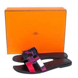 Pre Owned Hermes Multicolor Printed Canvas Oran Flat Slides Size 41